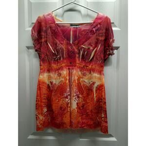 Unity World Wear Women Size XL Orange Pink Abstract Short Sleeve Mixed Print Top
